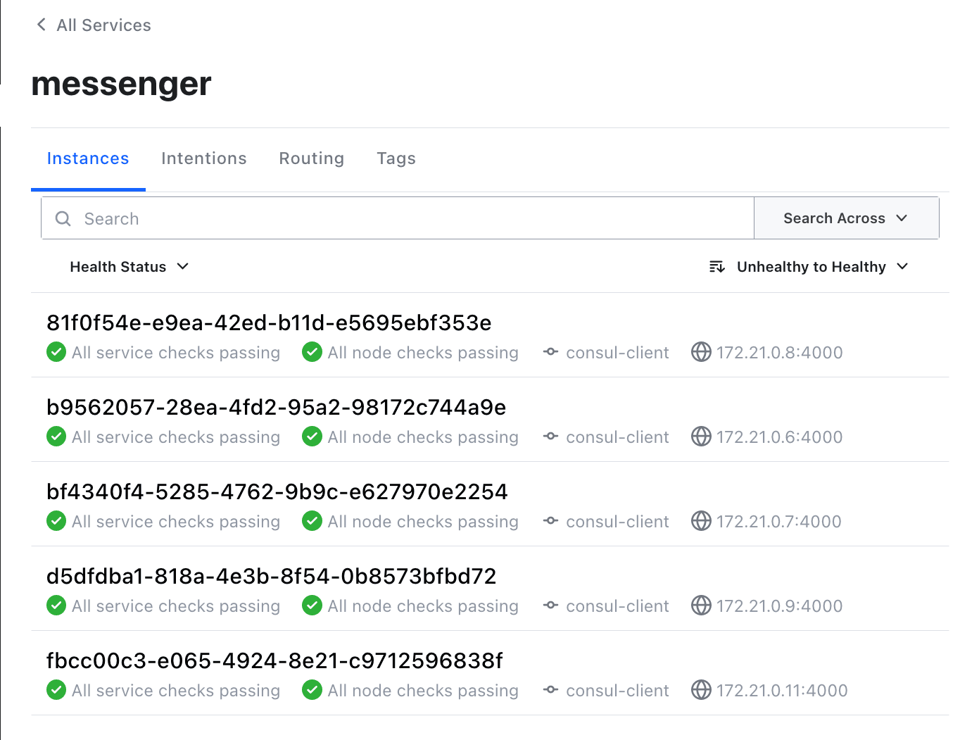 Consul UI 'messenger' tab with five instances of the service