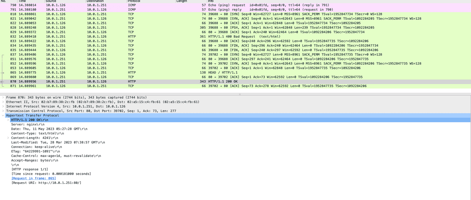 Wireshark capture of when ICMP is enabled