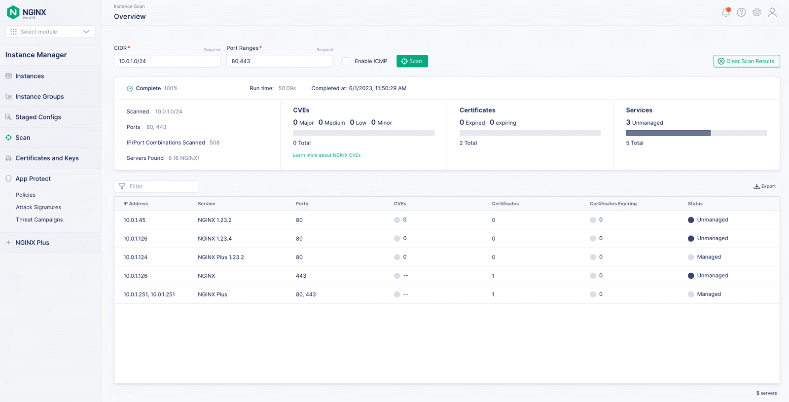 Overview of a NGINX scan when ICMP is disabled