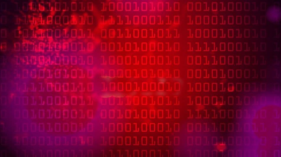 A computer screen covered in binary code overlaying a background of red and purple