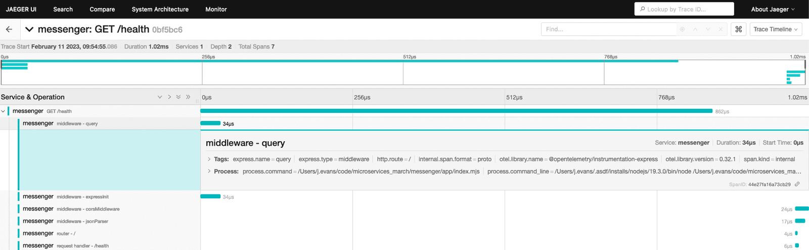 Screenshot of Jaeger GUI showing details of a single messenger span