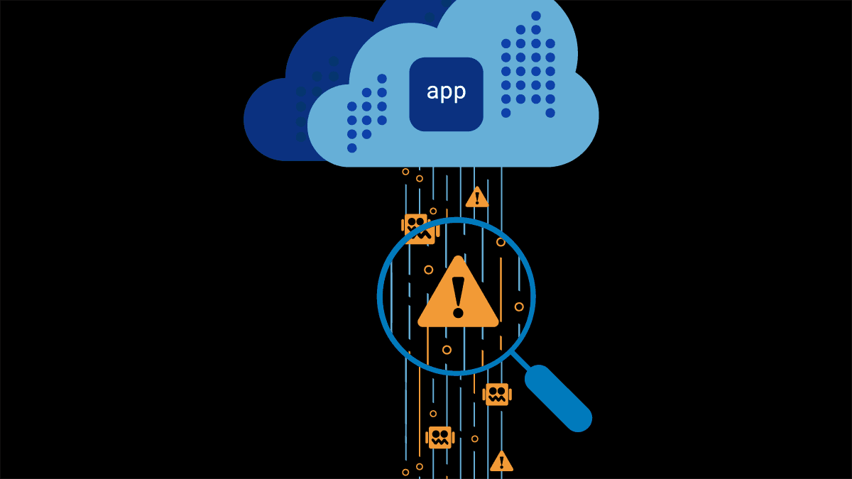 app cloud with magnifying glass on a warning sign