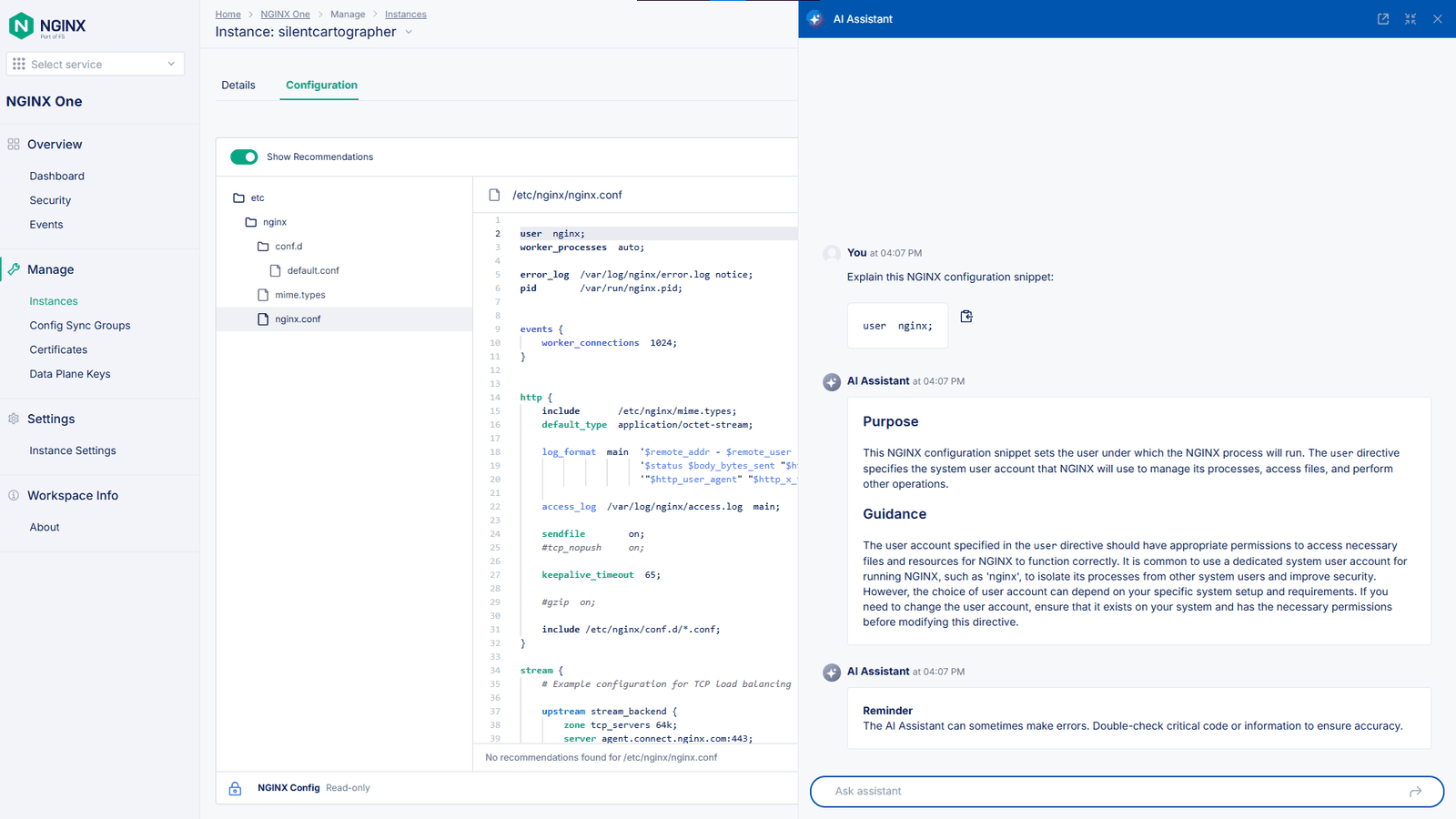 AI assistant conversation in the NGINX One console