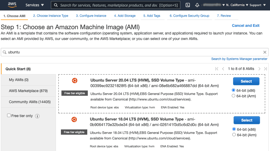 Screenshot of 'Step 1' page in Amazon EC2 instance-creation wizard